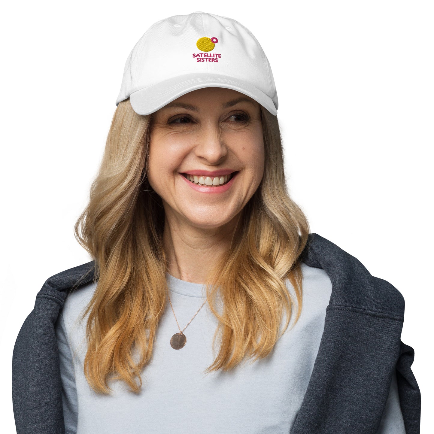 Embroidered Satellite Sister logo on white baseball cap