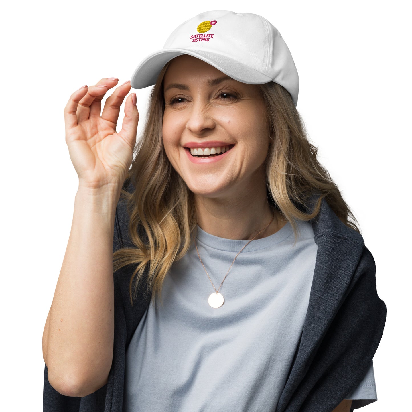 Embroidered Satellite Sister logo on white baseball cap