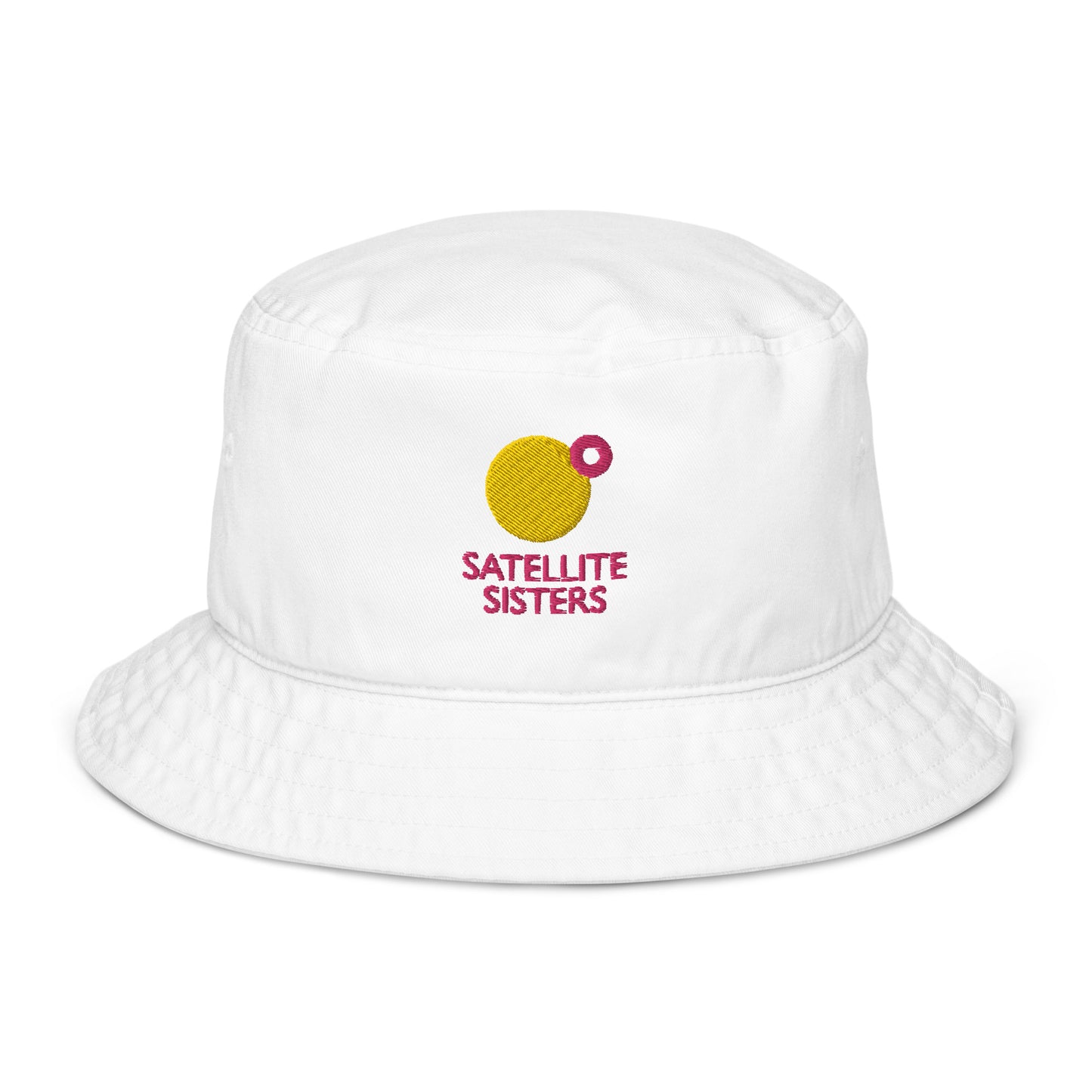 Organic bucket hat with Satellite Sisters logo