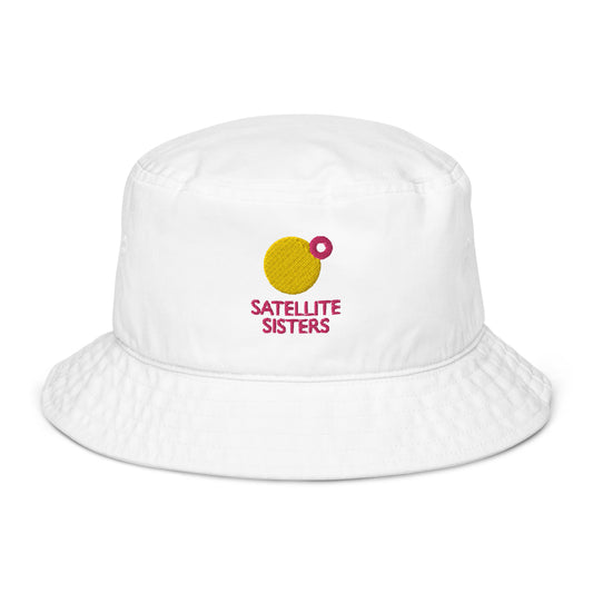 Organic bucket hat with Satellite Sisters logo