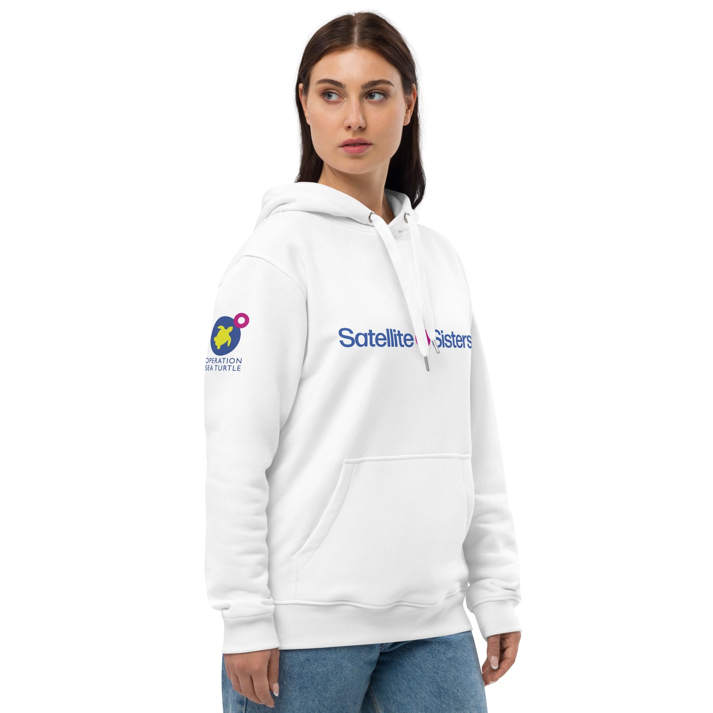 Satellite Sisters eco-hoodie with Operation Sea Turtle badge on sleeve